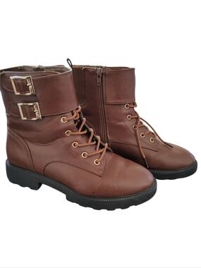 Women’s Brown Lace-Up Buckle Combat Boots